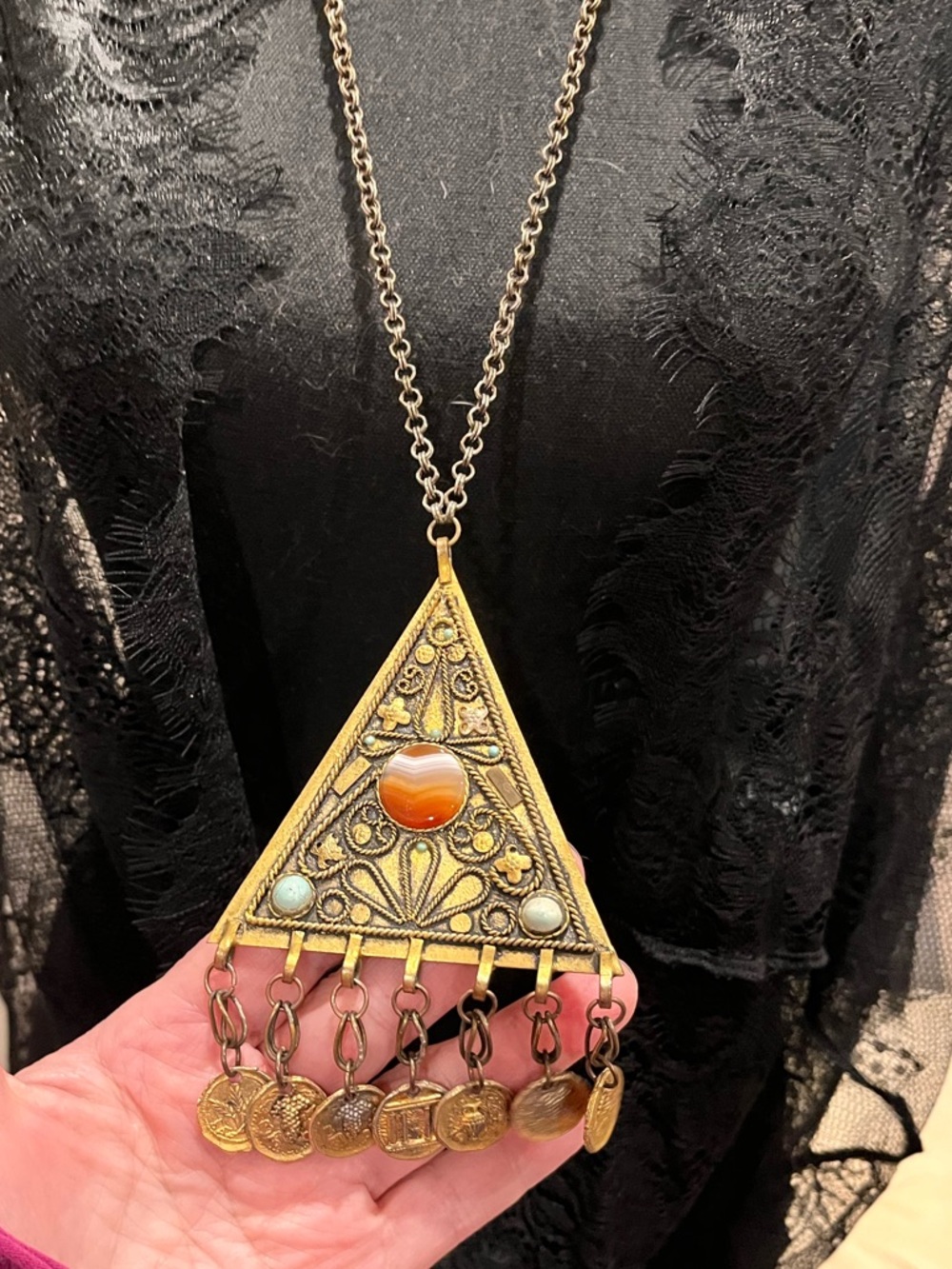 N097 Unisex Boho Triangle Coin Pendant Necklace in Gold and Coral